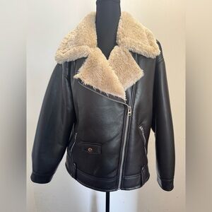Topshop PETITE Brown faux Leather aviator jacket